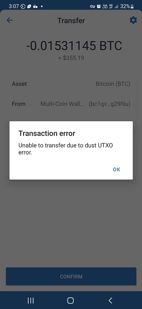 what is the meaning of dust utxo error