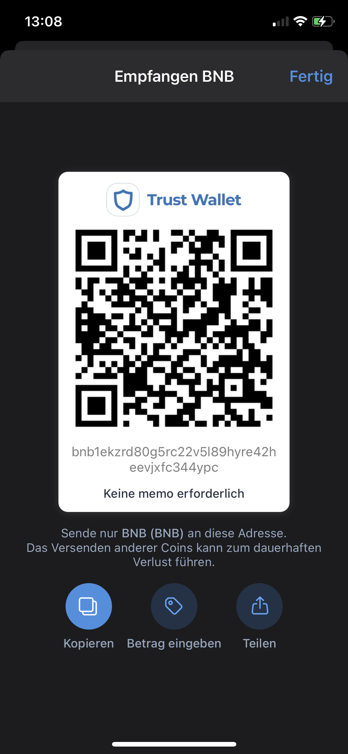 Withdrawn BTC from Binance to my BNB address in the app ...